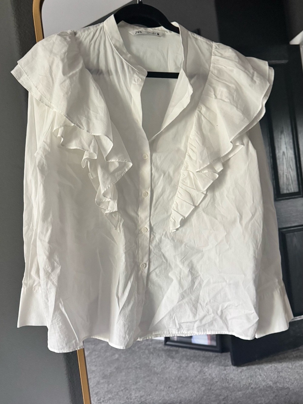 Zara White Ruffle-Front Button Down Blouse